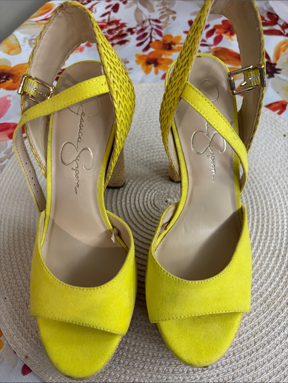 Jessica Simpson Bright Yellow Suede Strappy Block Heel Sandals